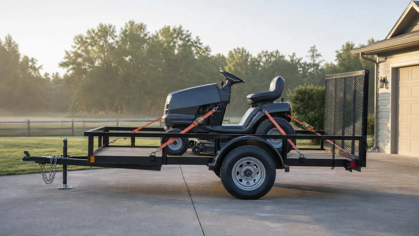 Single-axle 3,500-pound-class utility trailer carrying a riding mower