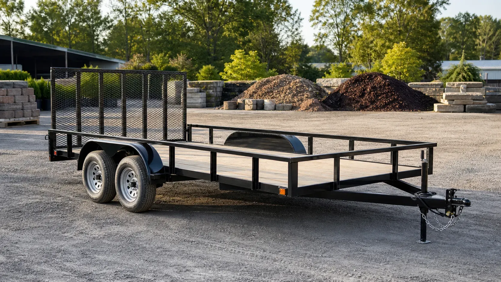 Empty 7,000-pound-class tandem-axle utility trailer