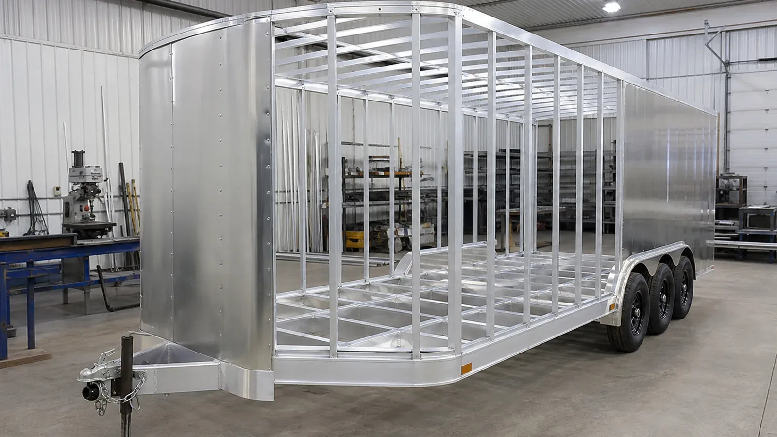 All-aluminum enclosed cargo trailer frame under construction All-aluminum enclosed cargo trailer frame under construction