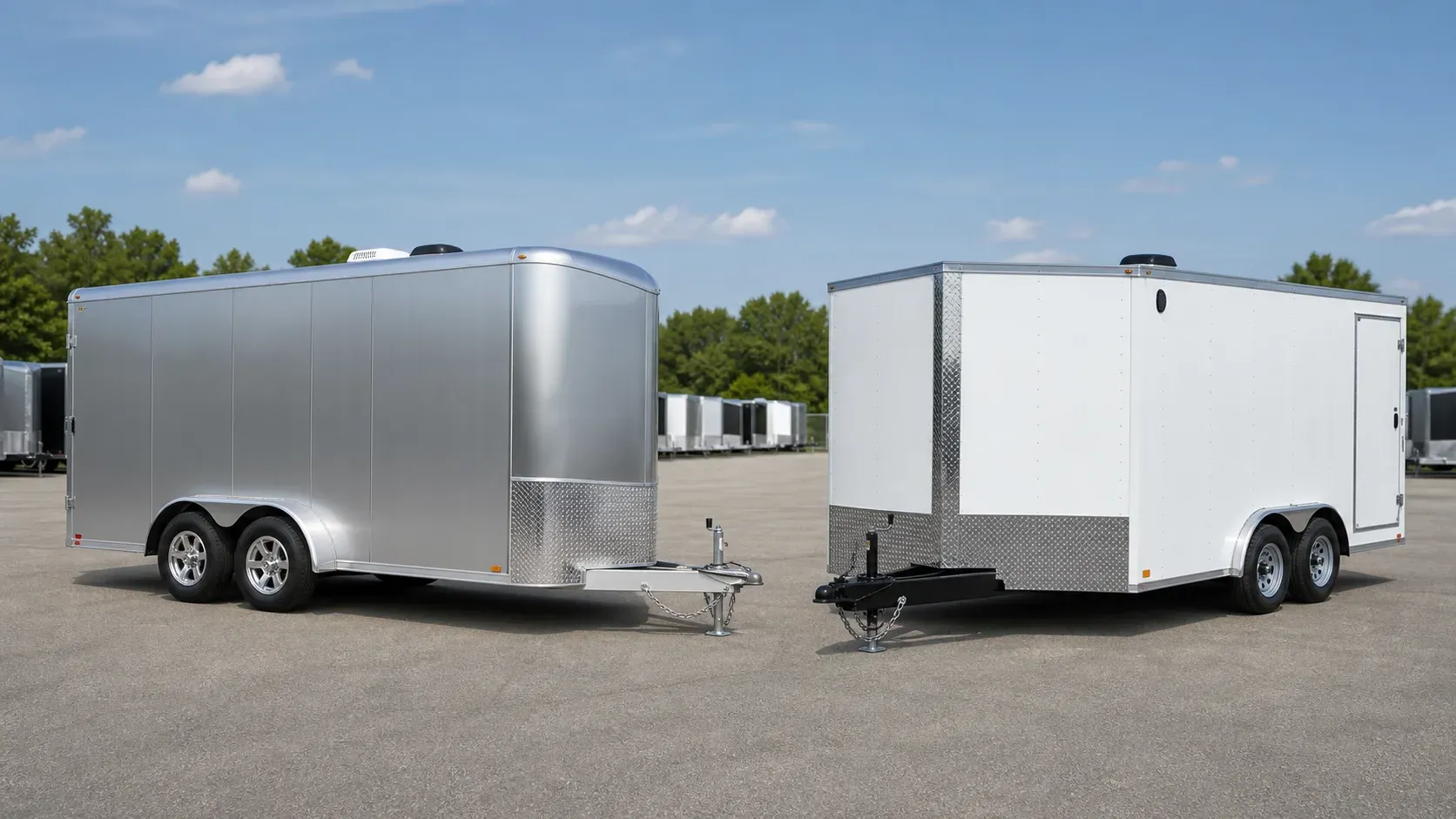 Premium aluminum and conventional steel-frame enclosed trailers shown side by side