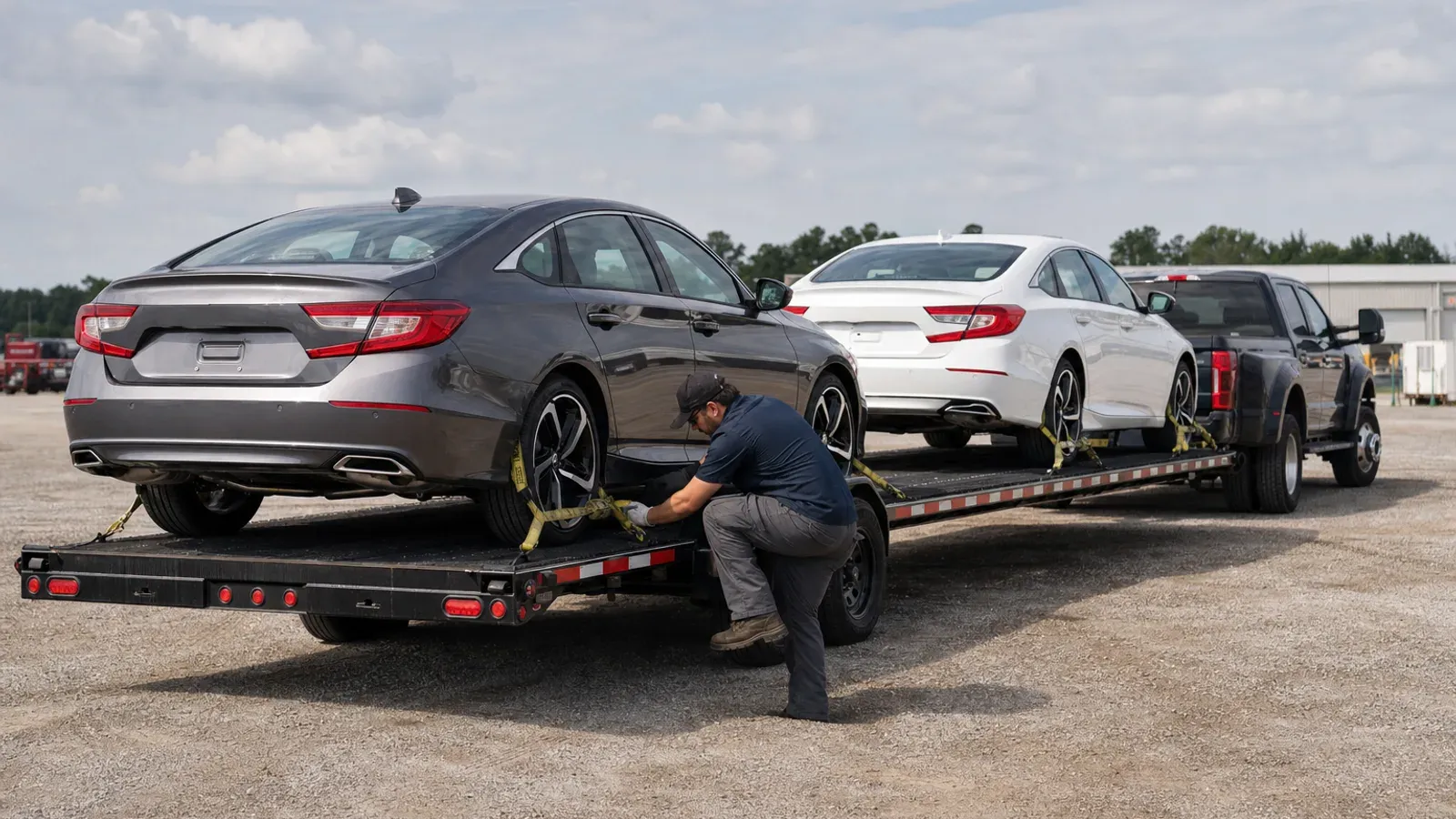 Professional auto hauler inspecting wheel straps on a two-car open trailer