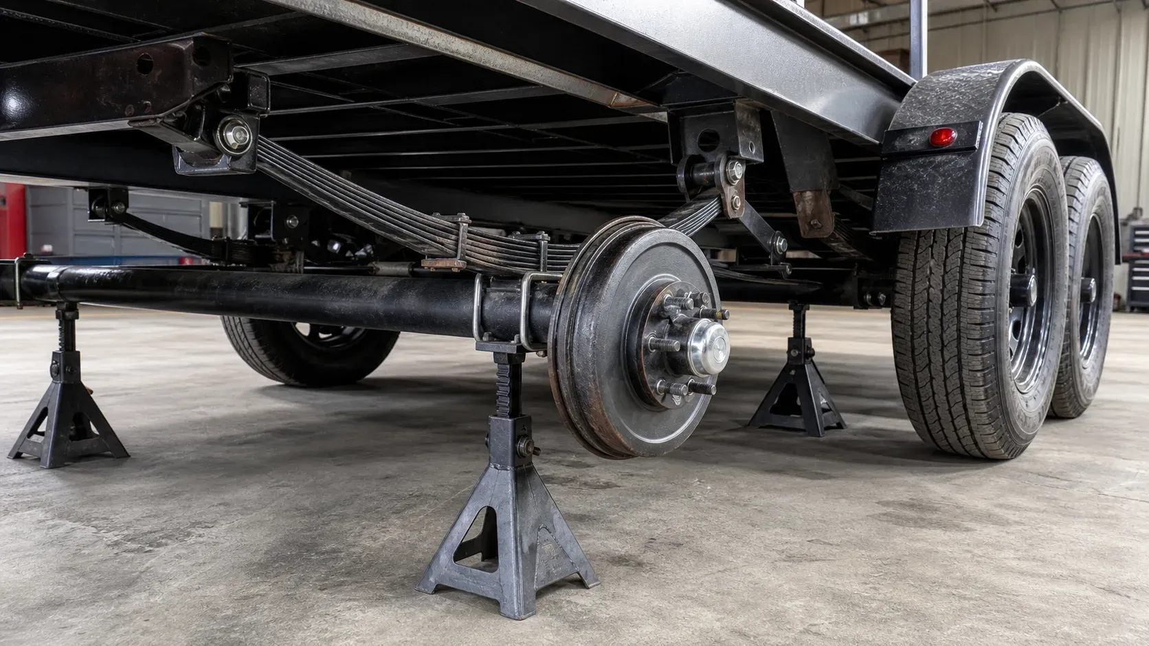 Tandem trailer axle and hub assembly supported for wheel service
