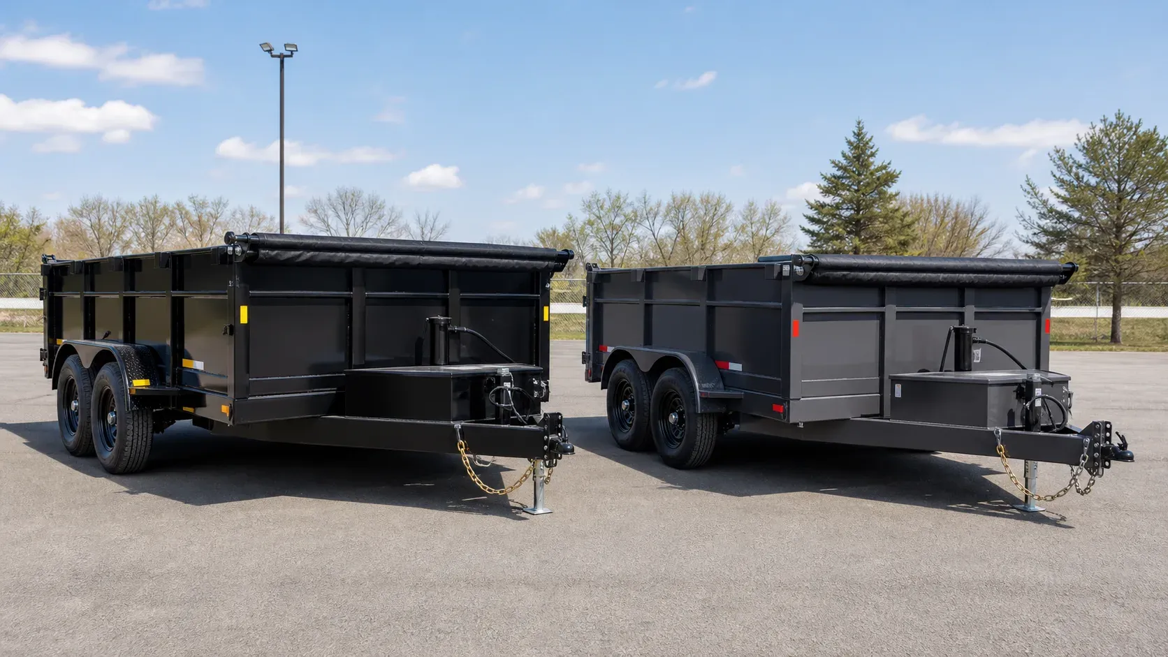 Two matched tandem-axle dump trailers shown side by side for model-level comparison