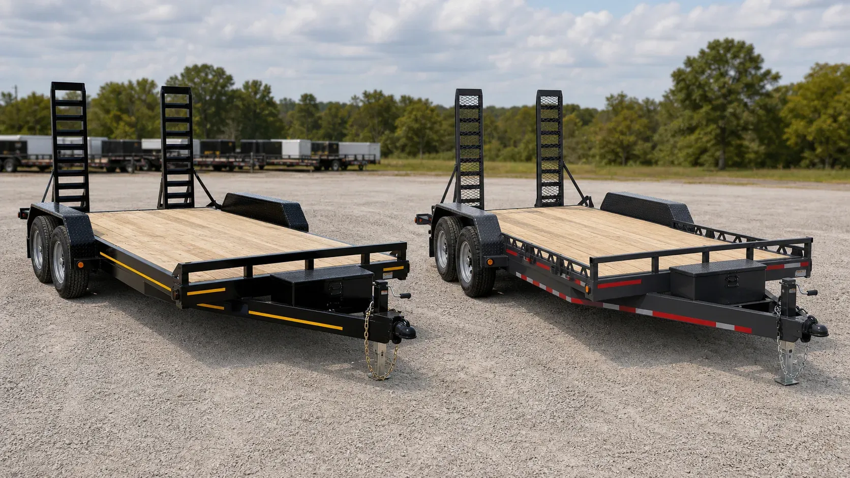 Two matched tandem-axle equipment trailers shown side by side for model-level comparison