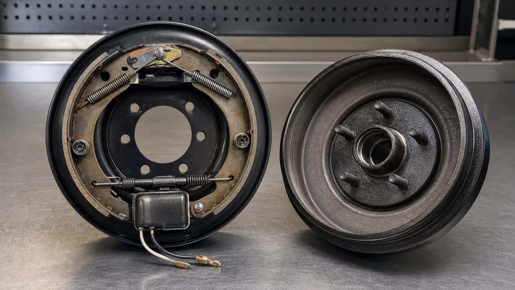 Electric trailer drum-brake backing plate and matching hub drum