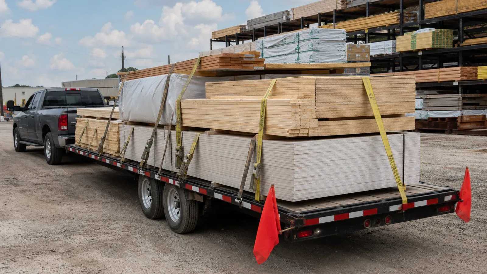 Flatbed trailer loaded with strapped lumber, plywood and drywall bundles
