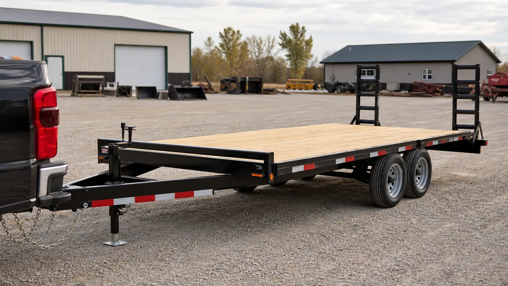 Bumper-pull deckover trailer connected to a pickup in an equipment yard Bumper-pull deckover trailer connected to a pickup in an equipment yard