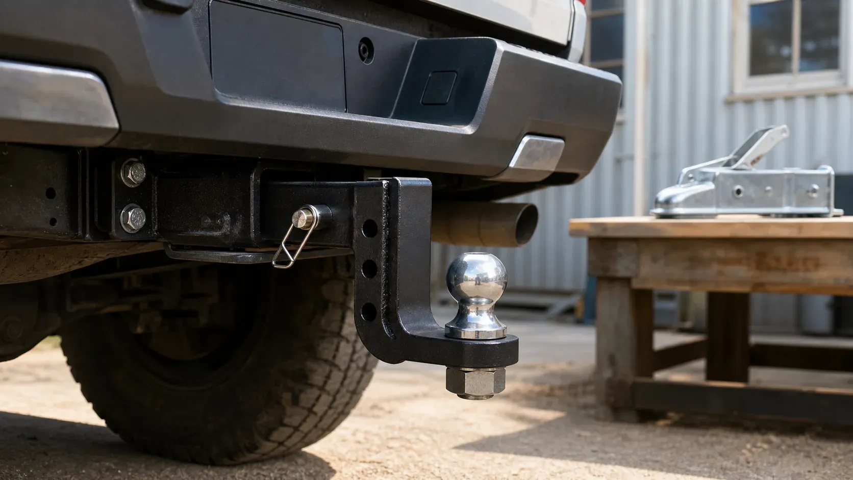 Adjustable receiver ball mount pinned beneath a pickup bumper