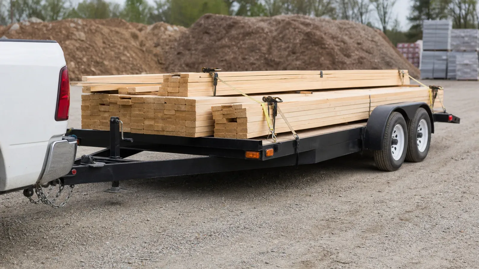 Bumper-pull flatbed trailer carrying secured lumber behind a pickup Bumper-pull flatbed trailer carrying secured lumber behind a pickup