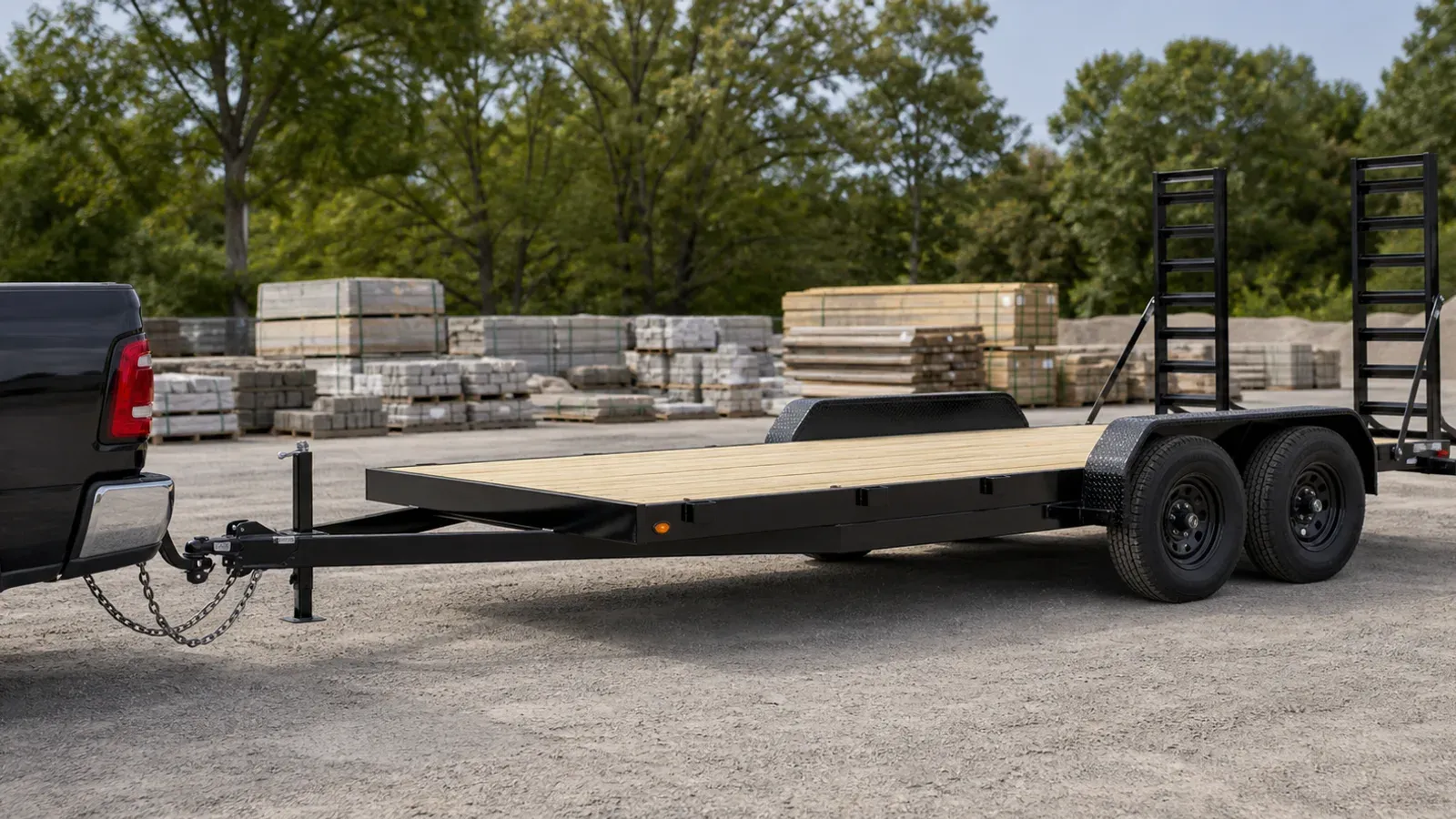 Bumper-pull equipment trailer connected to a pickup receiver hitch Bumper-pull equipment trailer connected to a pickup receiver hitch
