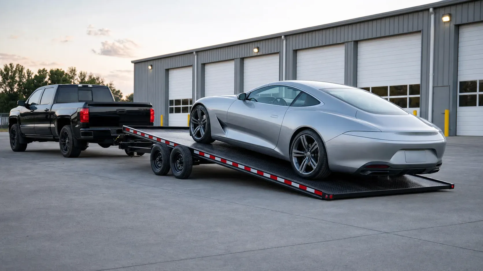Low sports coupe positioned on a tandem-axle tilt car hauler