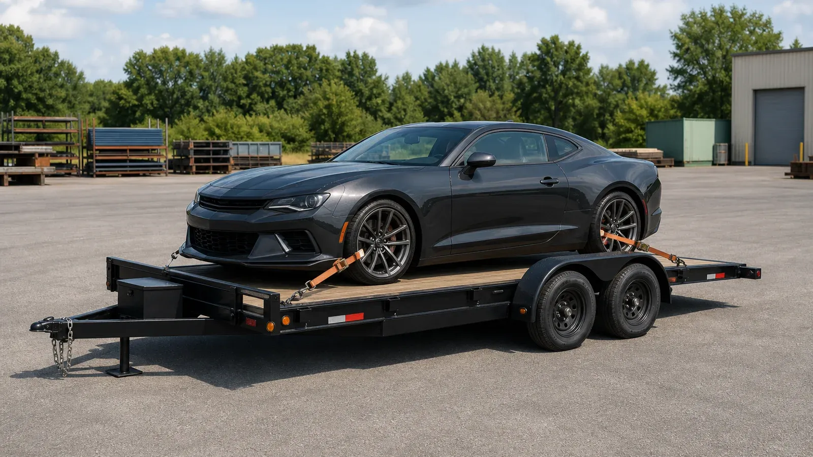 Open car-hauler trailer carrying a secured passenger car