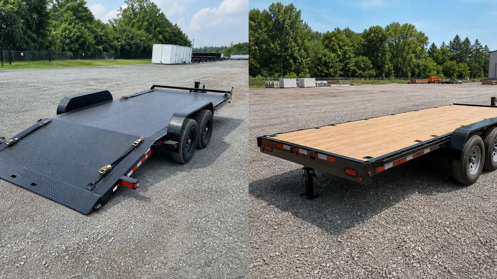 Purpose-built car hauler and general flatbed trailer shown side by side