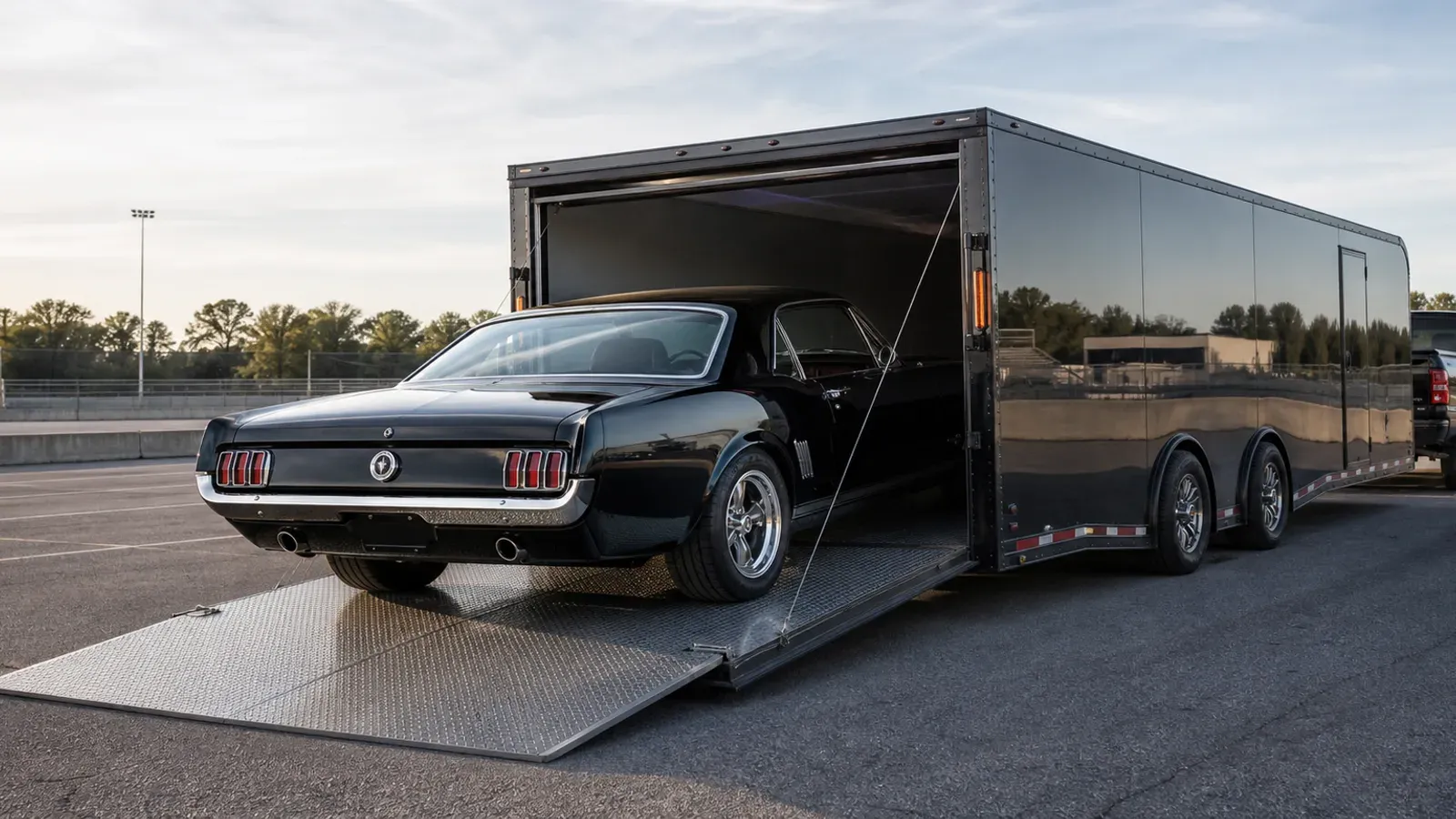 Classic coupe loading into an enclosed car-hauler trailer Classic coupe loading into an enclosed car-hauler trailer