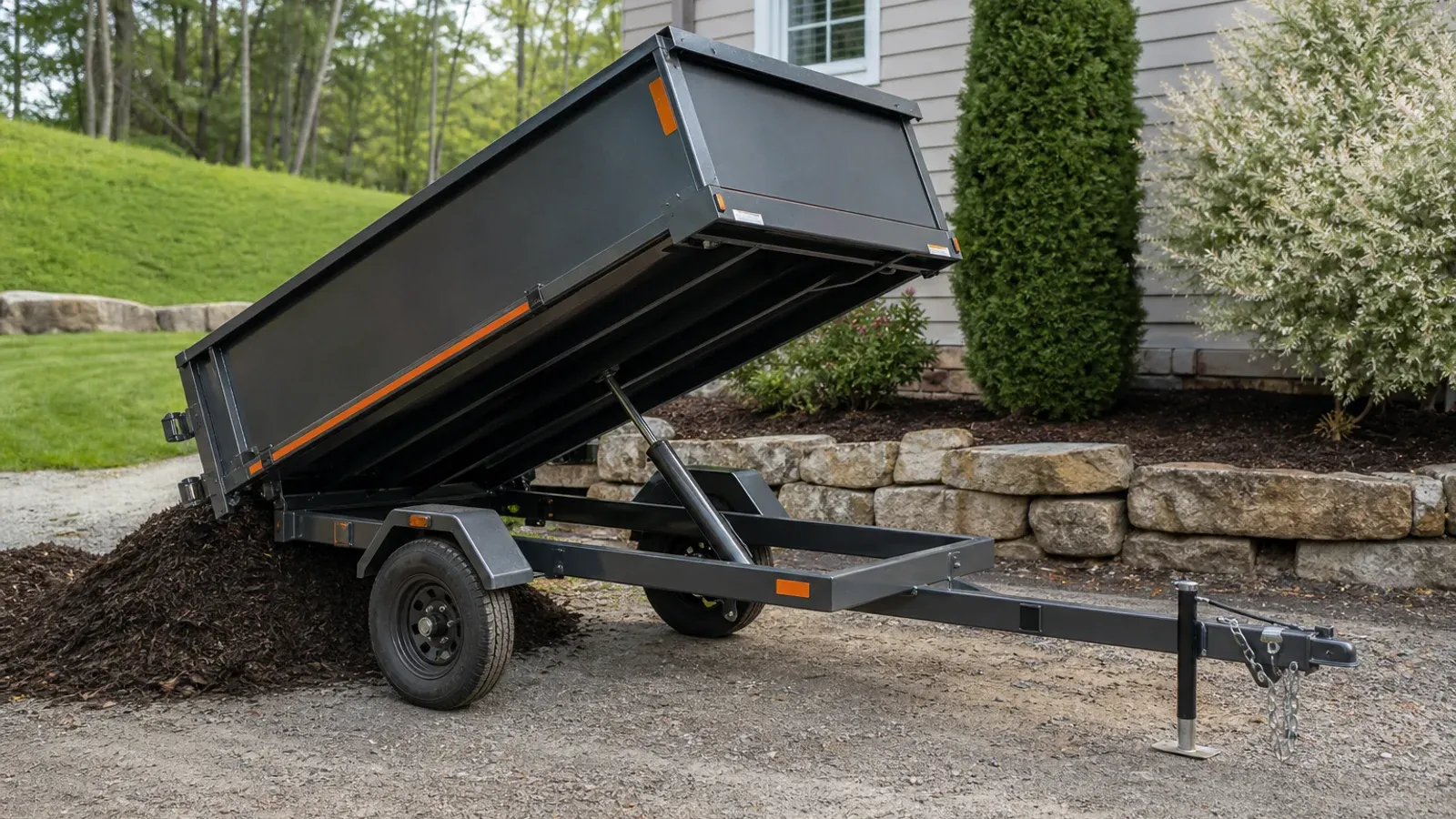 Compact single-axle dump trailer unloading mulch Compact single-axle dump trailer unloading mulch