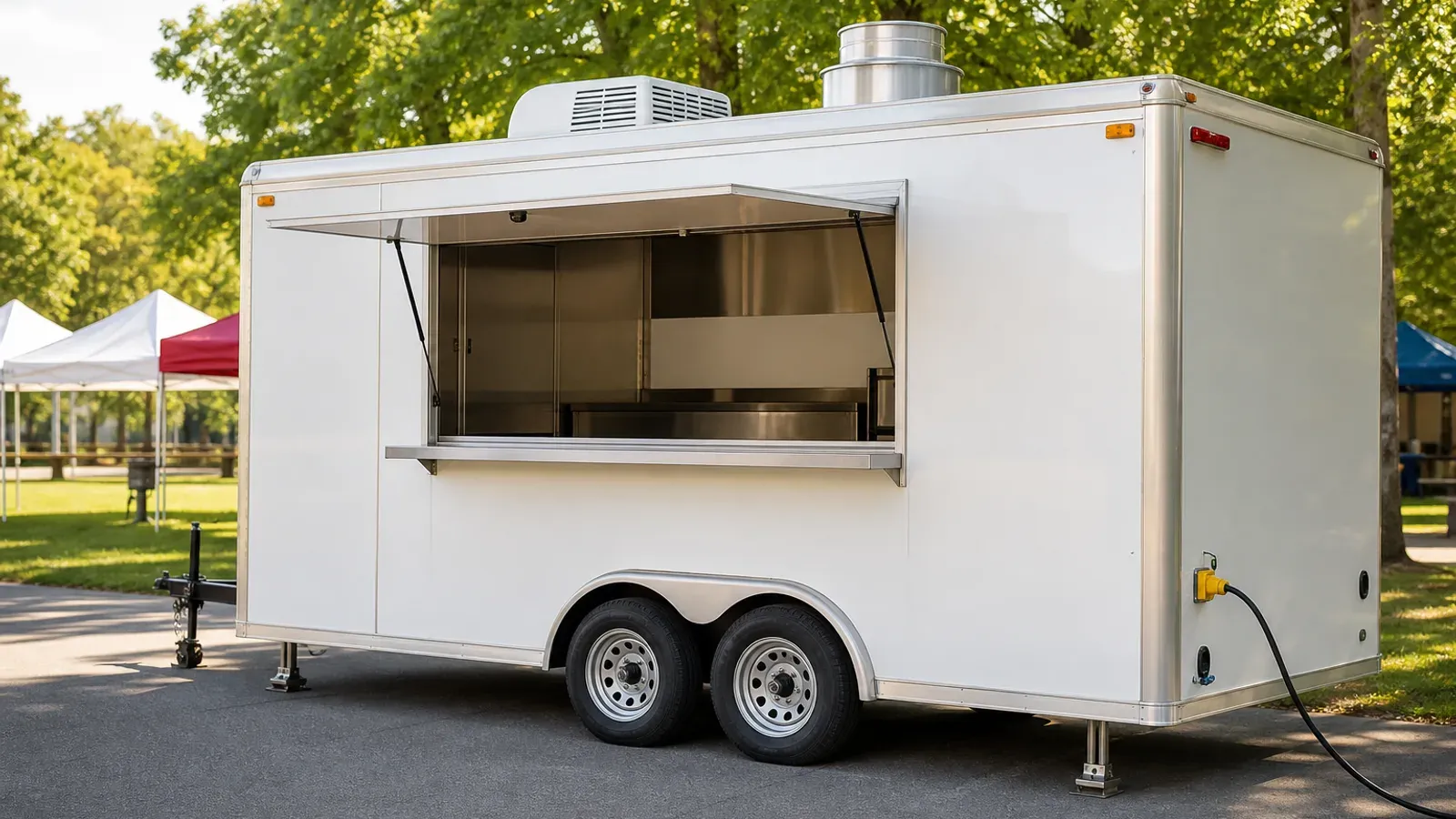White concession trailer with an open serving window White concession trailer with an open serving window