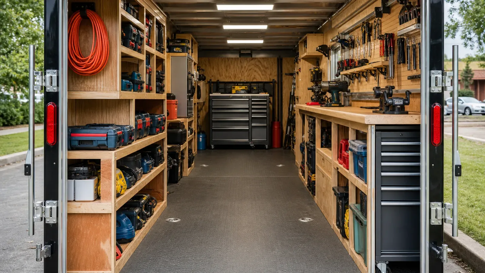 Organized contractor trailer interior with shelving and a workbench