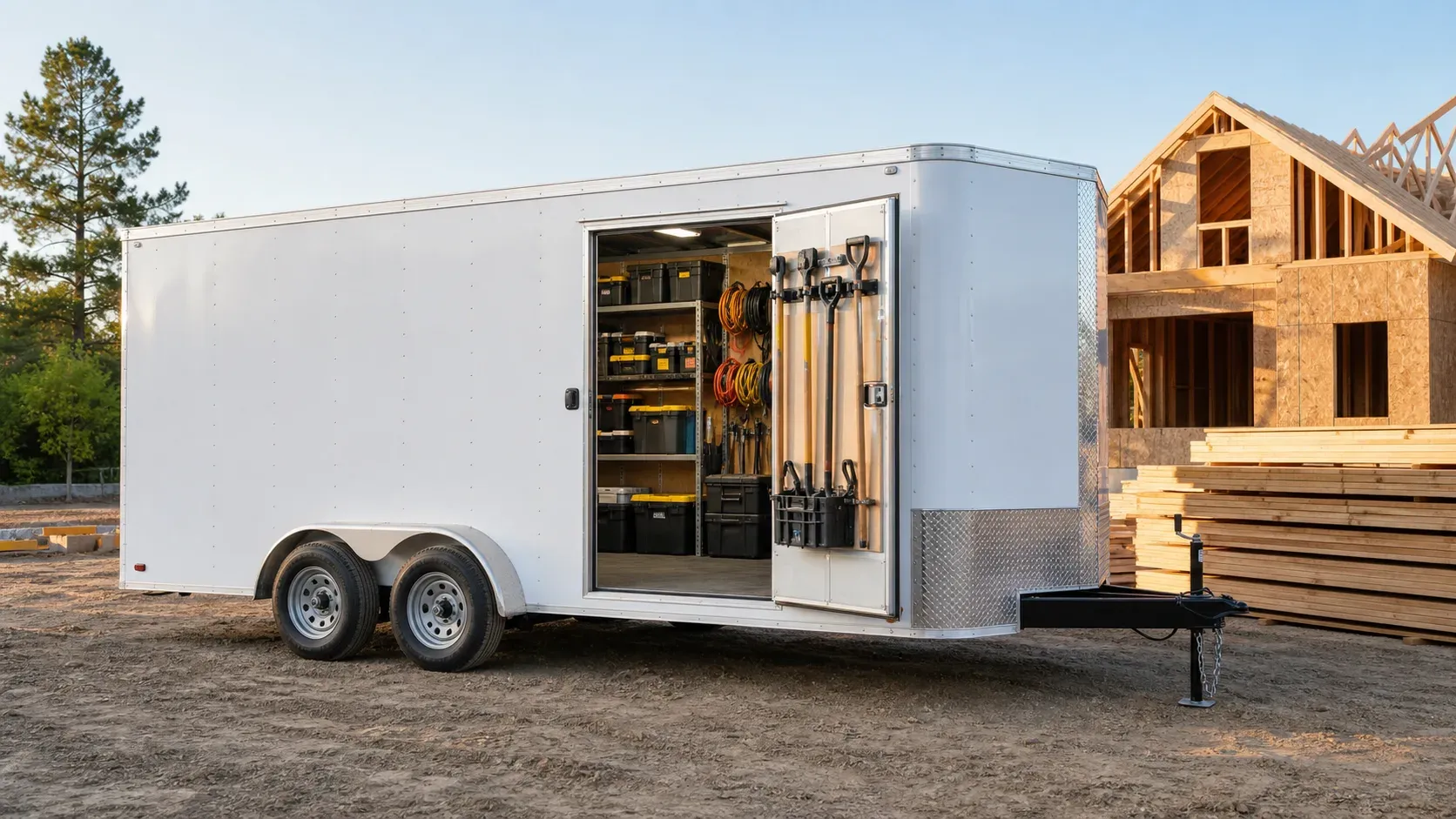 Organized contractor tools and shelving inside a tandem-axle enclosed trailer
