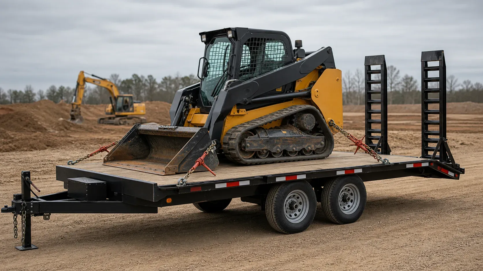 Compact track loader secured on a tandem-axle deckover equipment trailer Compact track loader secured on a tandem-axle deckover equipment trailer