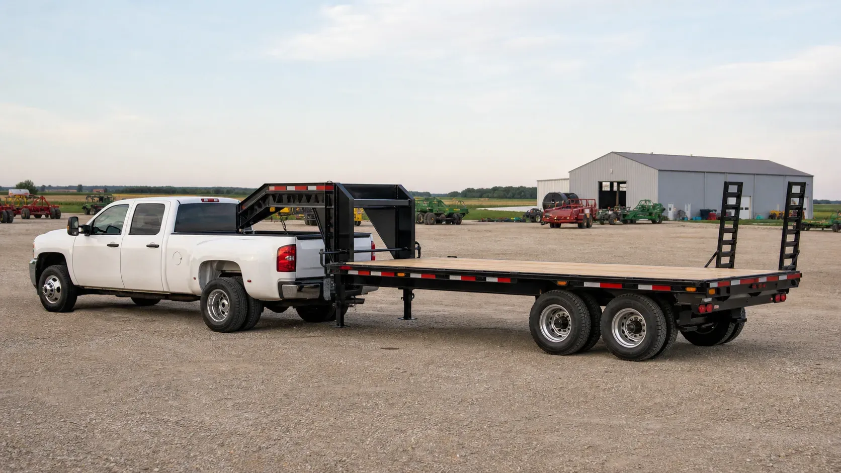 Gooseneck deckover trailer connected over the bed of a dually pickup Gooseneck deckover trailer connected over the bed of a dually pickup