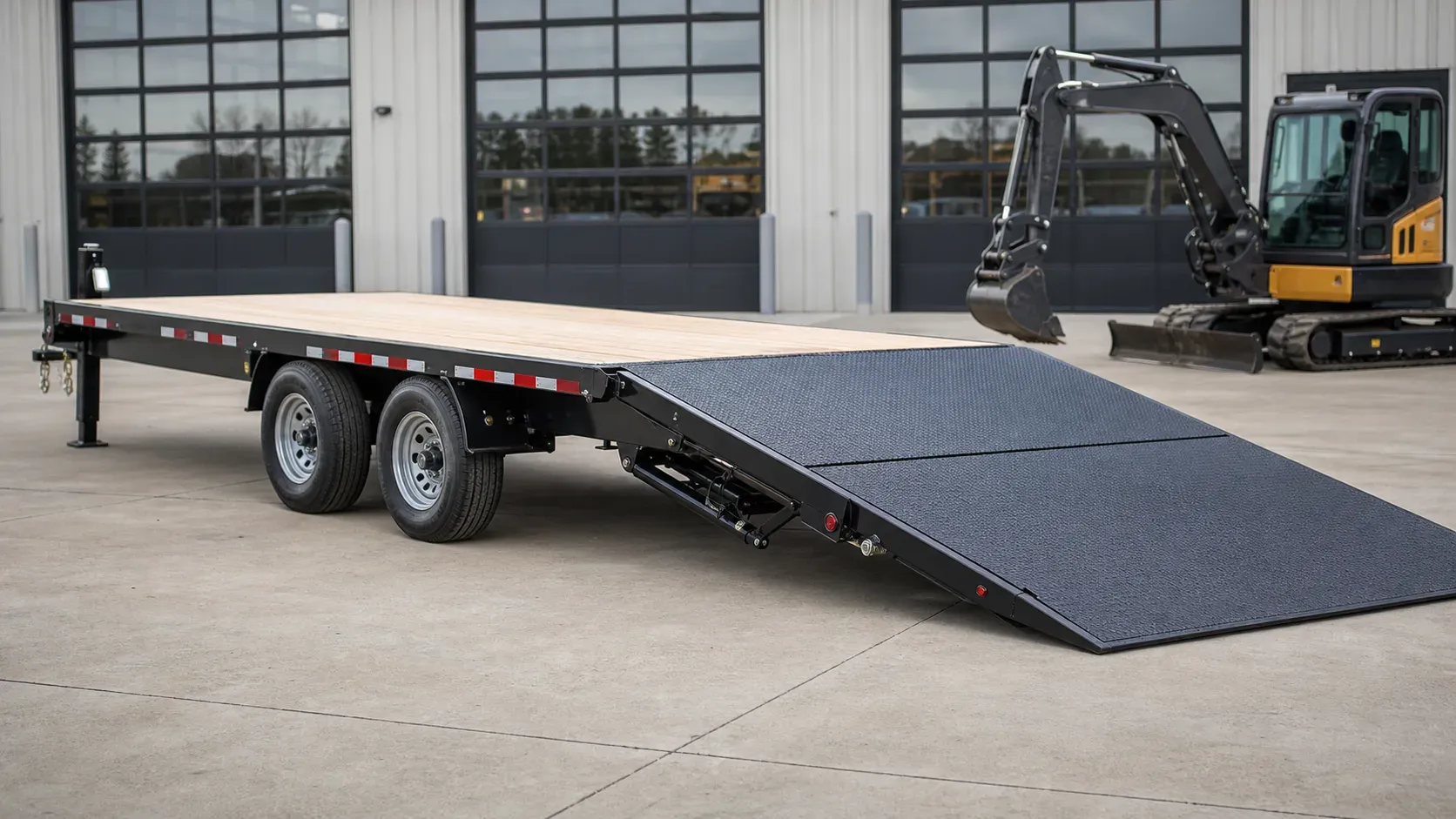 Deckover equipment trailer with its hydraulic dovetail lowered for loading Deckover equipment trailer with its hydraulic dovetail lowered for loading