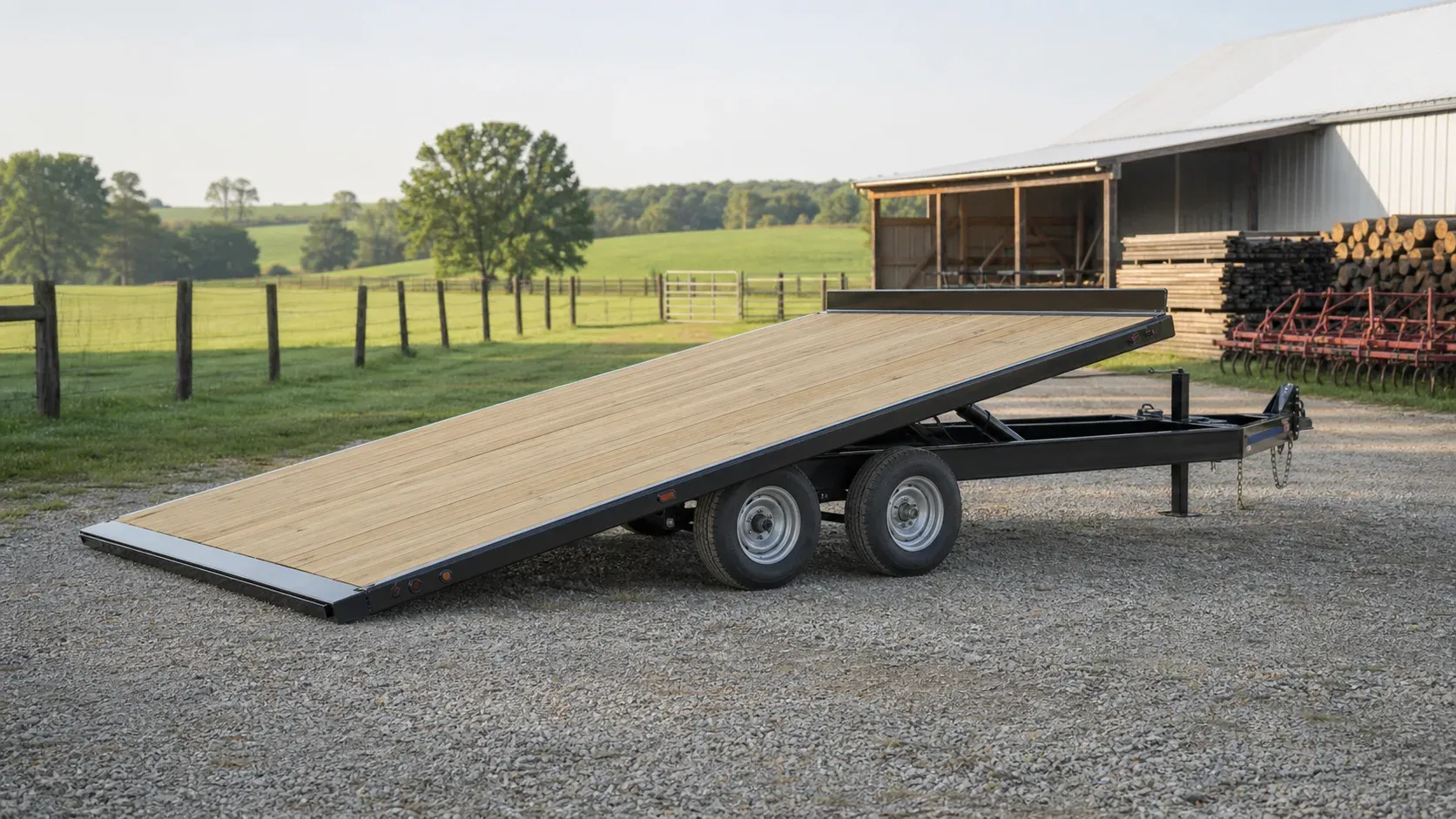 Full-width deckover tilt trailer lowered into loading position