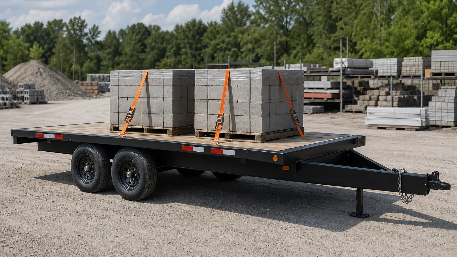 Deckover trailer carrying pallets above its tandem axles Deckover trailer carrying pallets above its tandem axles