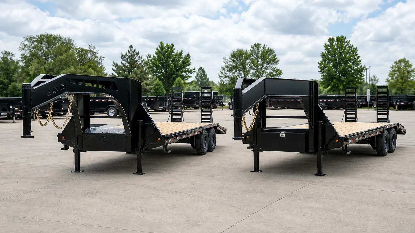 Two heavy gooseneck equipment trailers with different neck and frame designs shown side by side