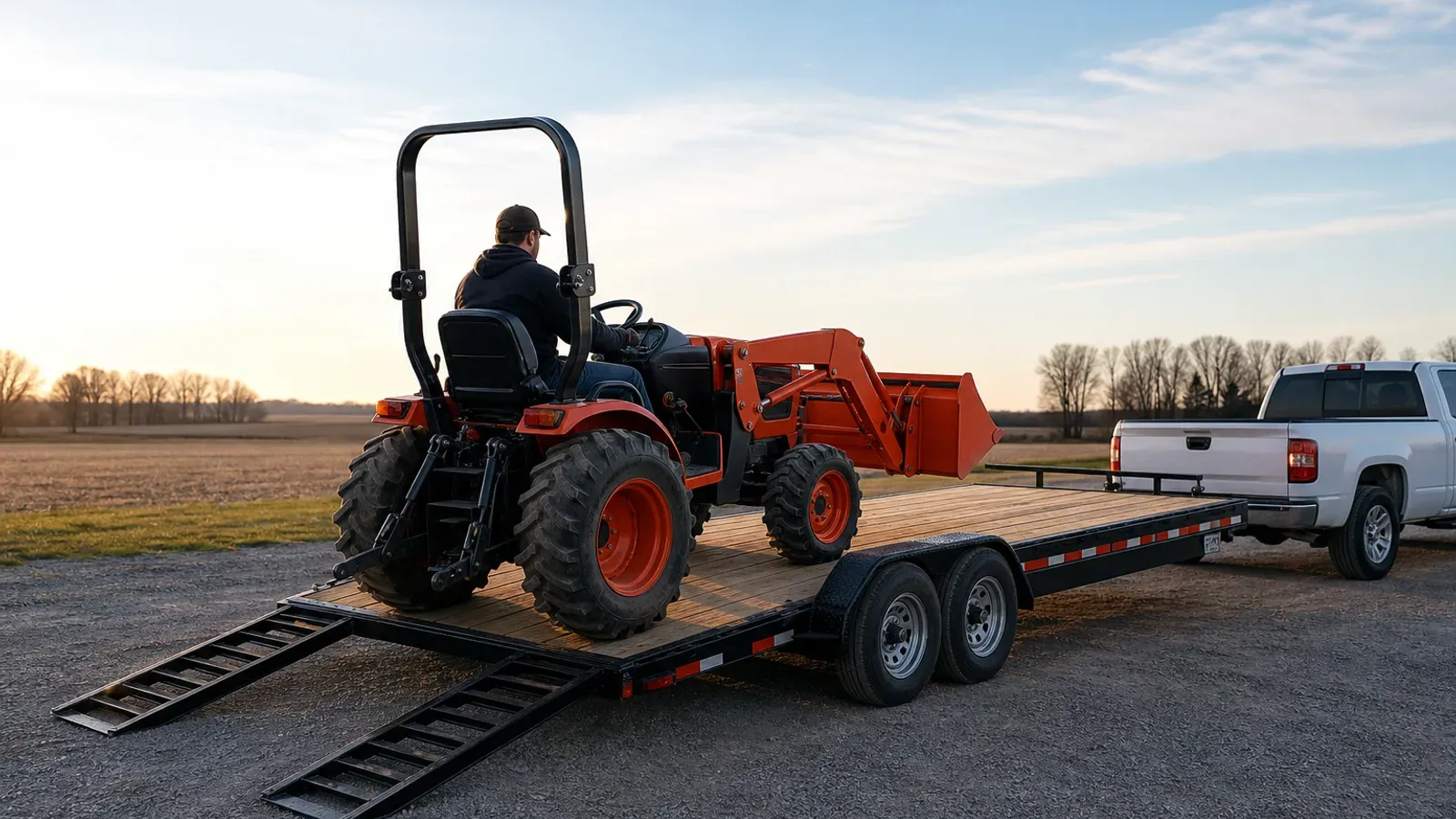 Compact tractor loading over ramps onto a dovetail flatbed trailer