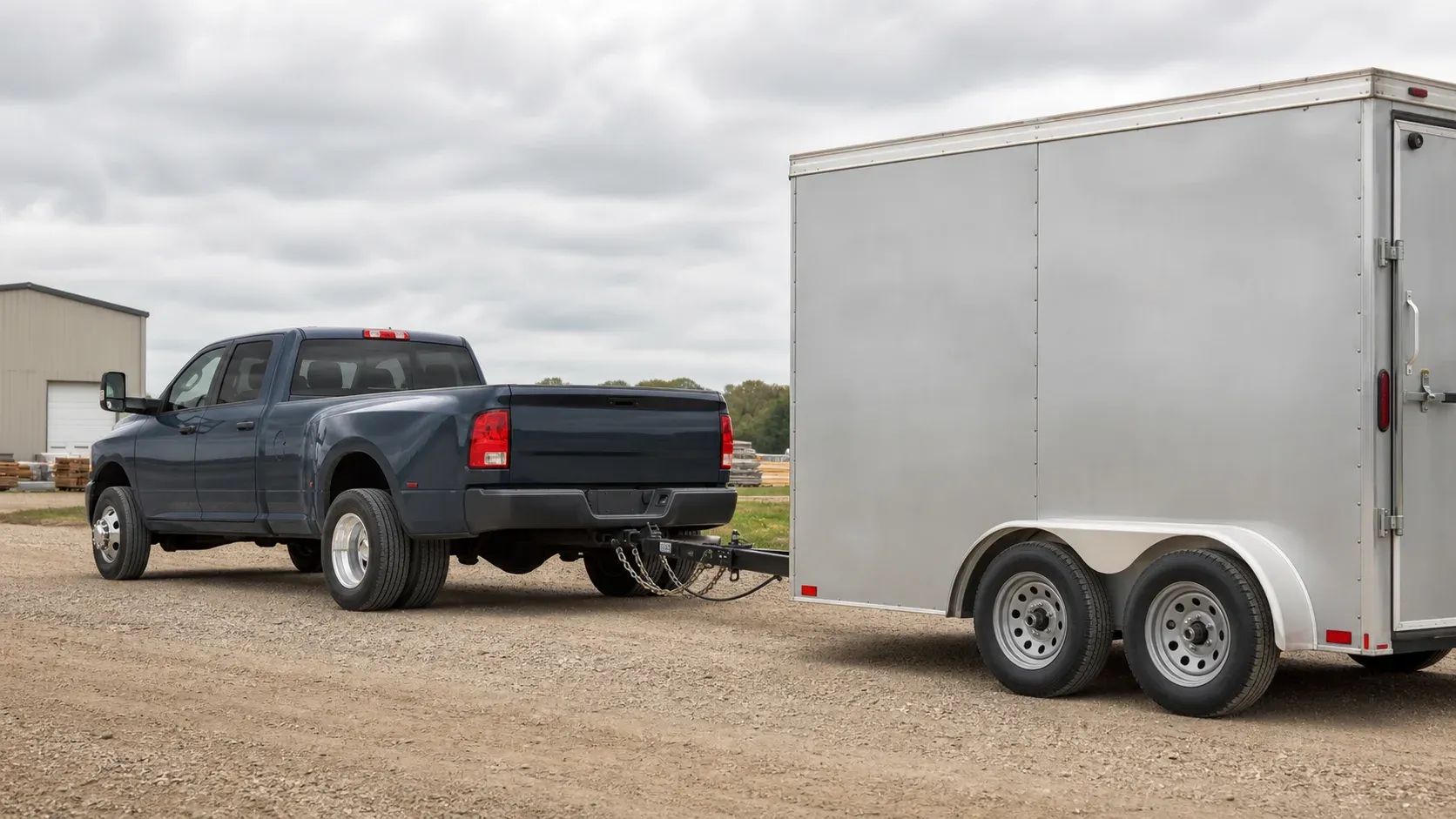 One-ton dually pickup towing a large tandem-axle enclosed cargo trailer
