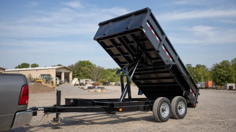 Dump trailer bed raised at full height