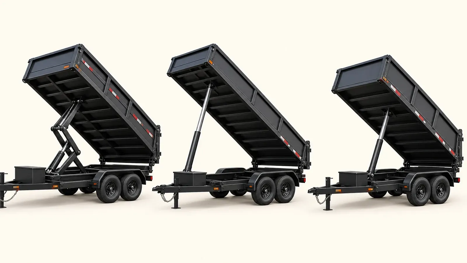 Scissor, telescopic, and direct-push dump trailer lift systems