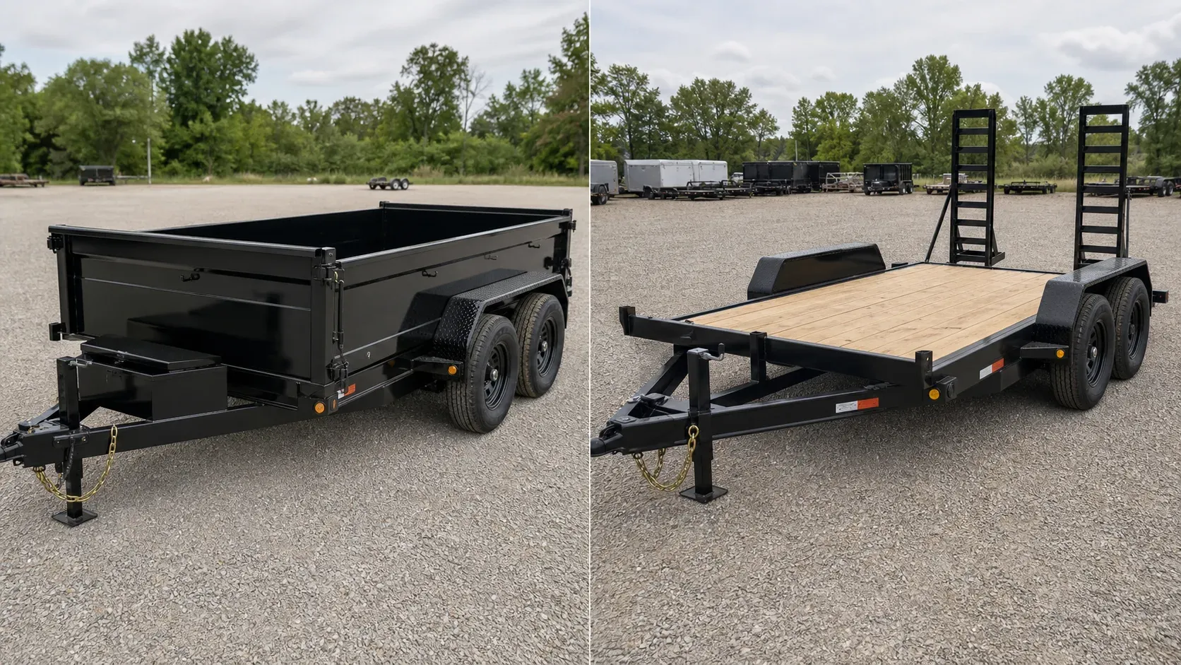 Tandem-axle dump trailer and open-deck equipment trailer shown side by side