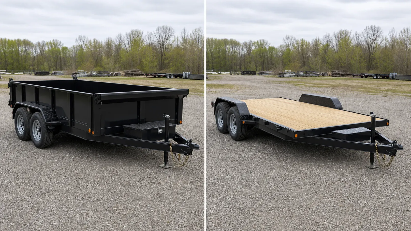 High-sided dump trailer and open flatbed trailer shown side by side
