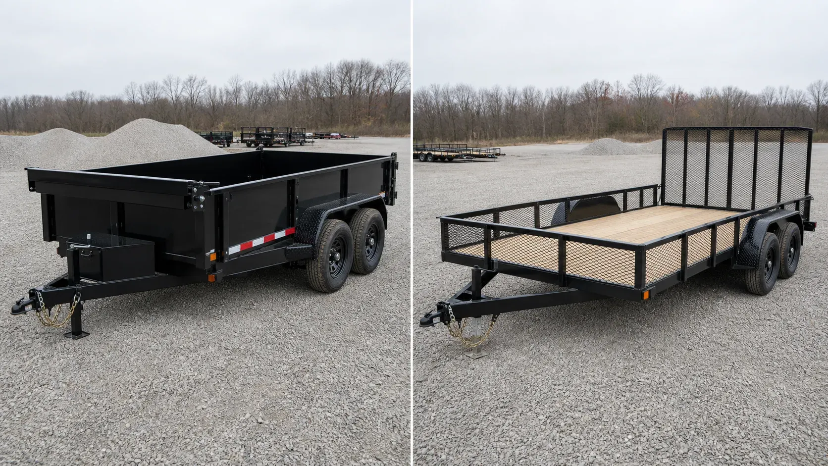 Solid-sided dump trailer and open-rail utility trailer shown side by side