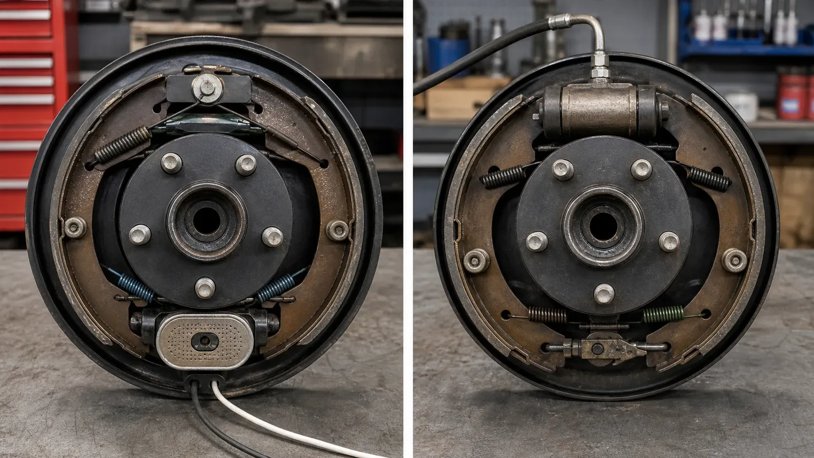 Electric-magnet and hydraulic-wheel-cylinder trailer drum brake assemblies shown side by side