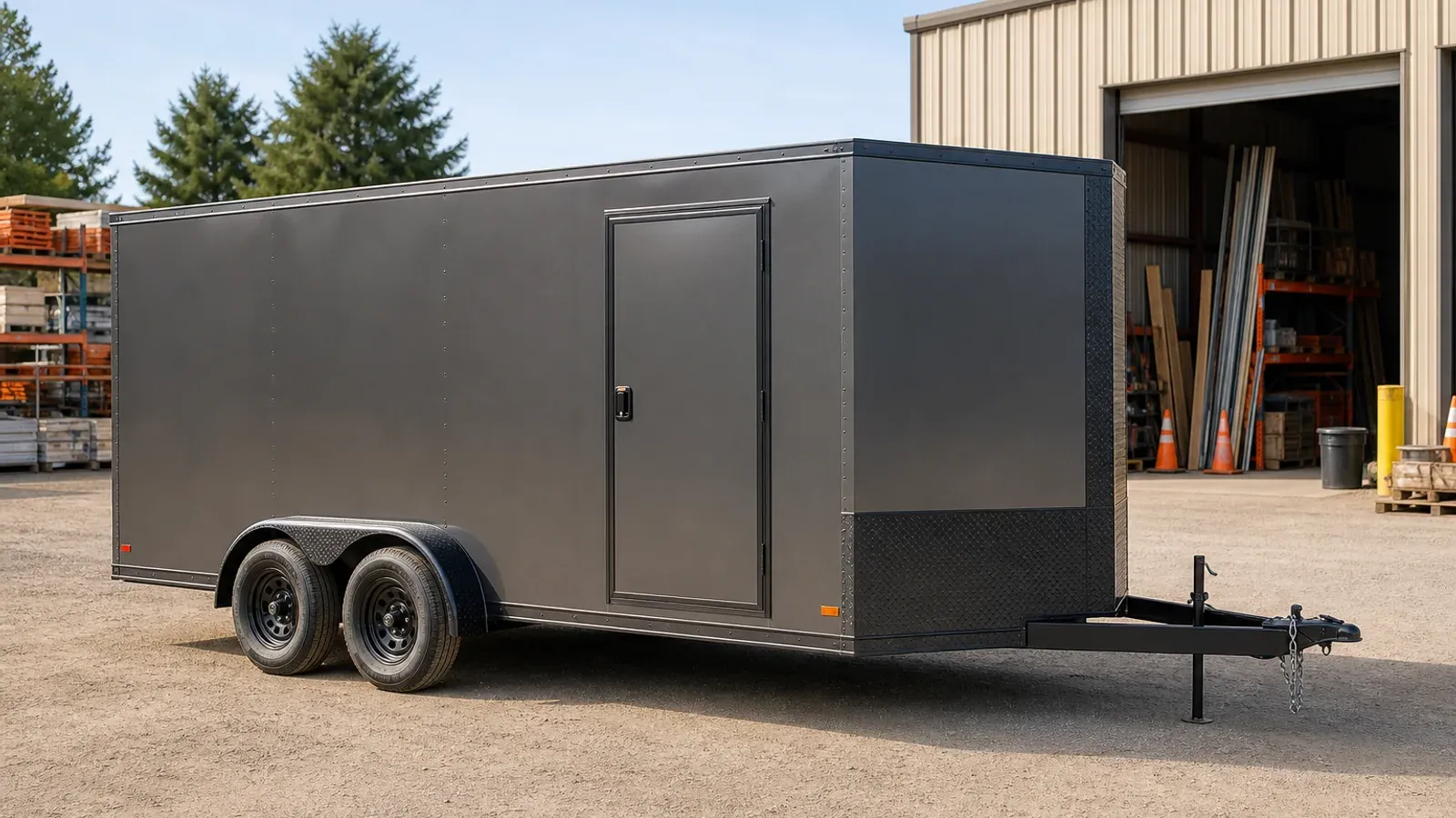 Tandem-axle enclosed cargo trailer outside a contractor shop Tandem-axle enclosed cargo trailer outside a contractor shop