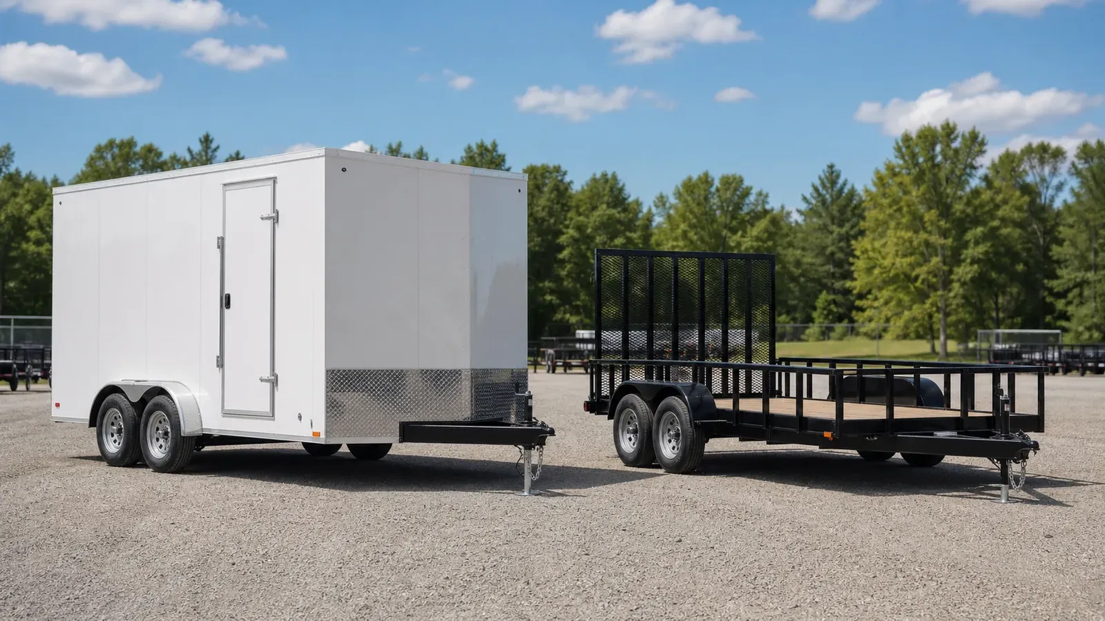 Enclosed cargo trailer and open utility trailer shown side by side