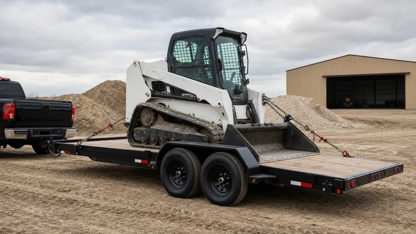 Compact track loader secured on a tandem-axle tilt equipment trailer Compact track loader secured on a tandem-axle tilt equipment trailer