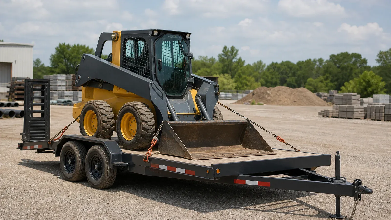 Equipment trailer carrying a secured compact skid steer