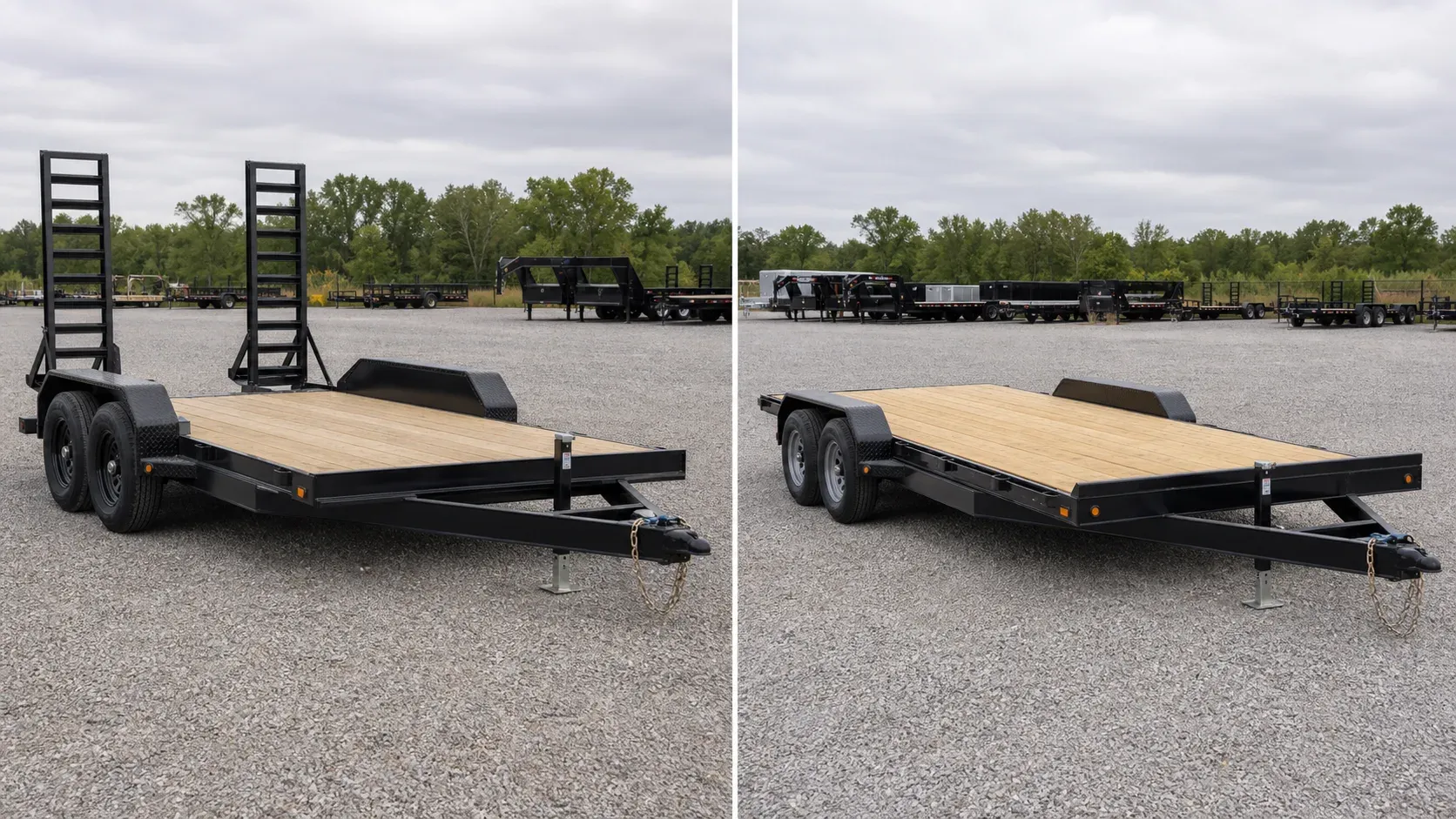 Ramp-equipped equipment trailer and general open flatbed trailer shown side by side