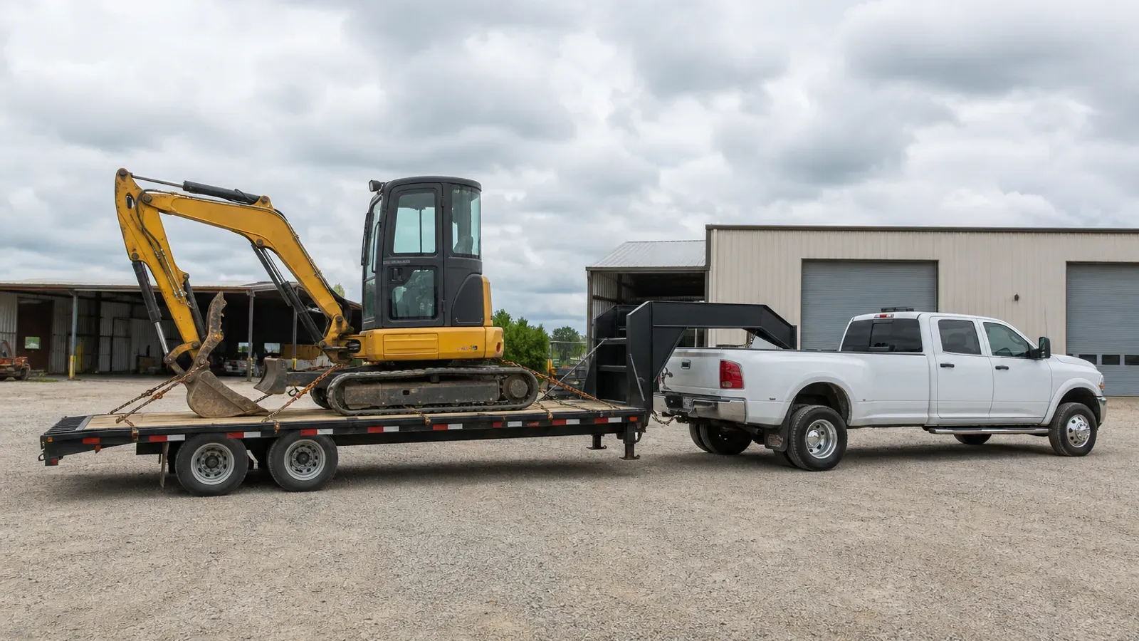 Compact excavator secured on a gooseneck equipment trailer Compact excavator secured on a gooseneck equipment trailer