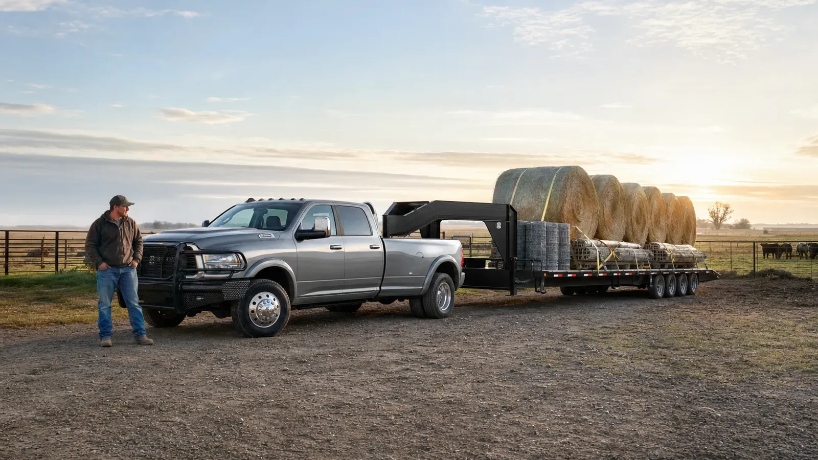 Farmer beside a gooseneck trailer loaded with hay and ranch supplies