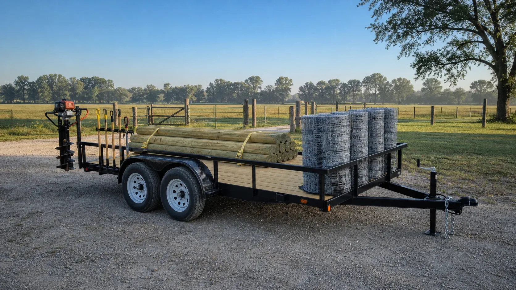 Fencing trailer organized with wood posts, wire rolls, auger, and hand tools