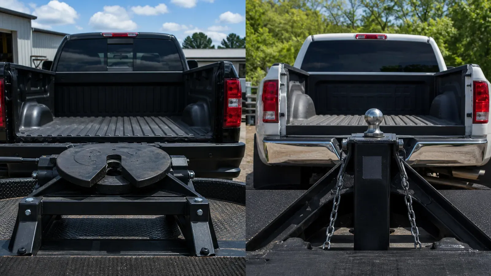 Fifth-wheel plate and gooseneck ball connection hardware shown side by side