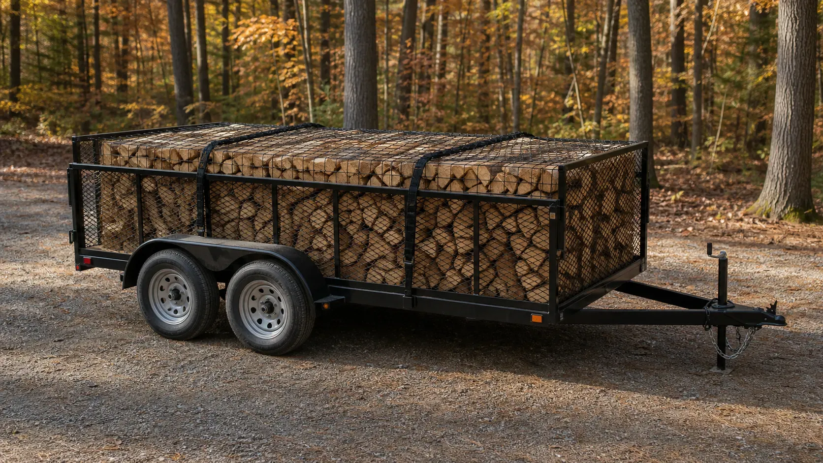 Seasoned firewood contained and secured on a tandem-axle utility trailer