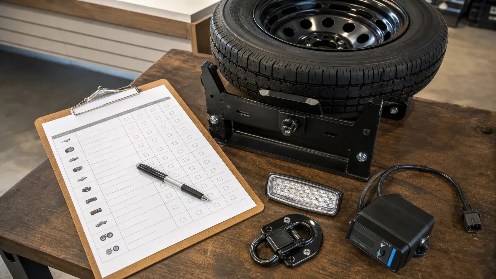 Trailer option checklist with practical hardware on a dealer workbench