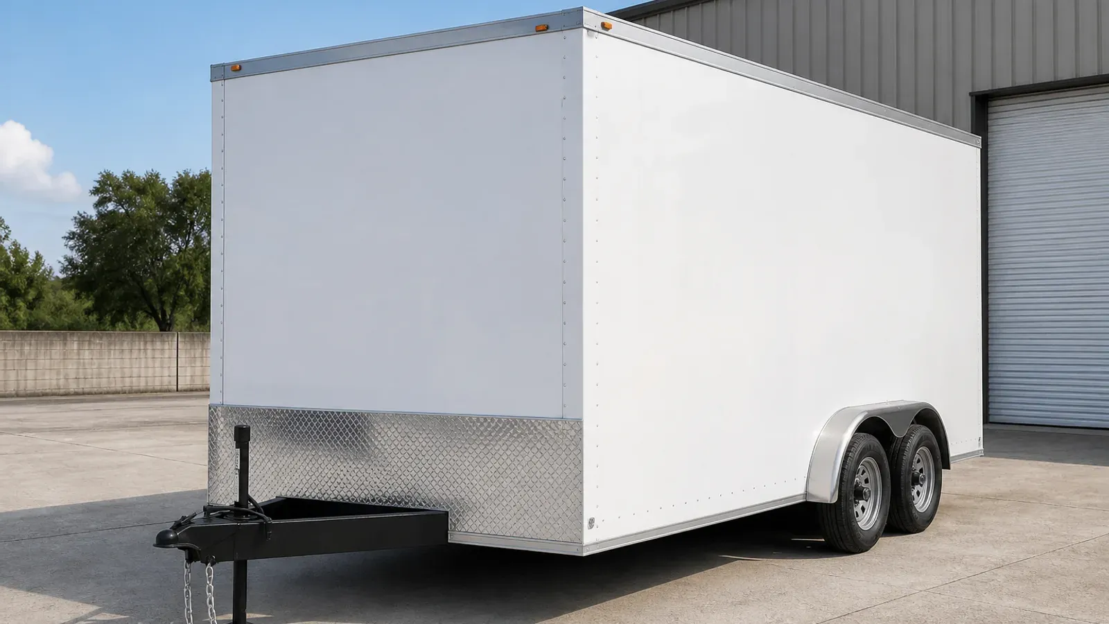 White flat-front enclosed cargo trailer outside a warehouse