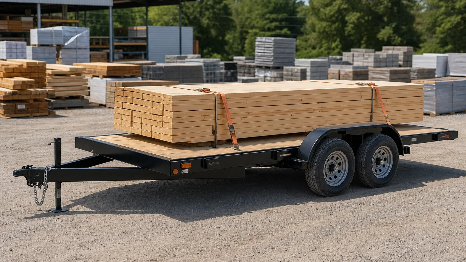 Flatbed trailer carrying a secured load of lumber Flatbed trailer carrying a secured load of lumber