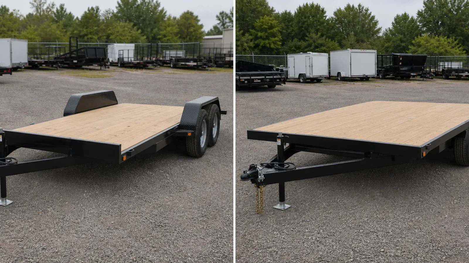 Low flatbed and full-width deckover trailers shown side by side